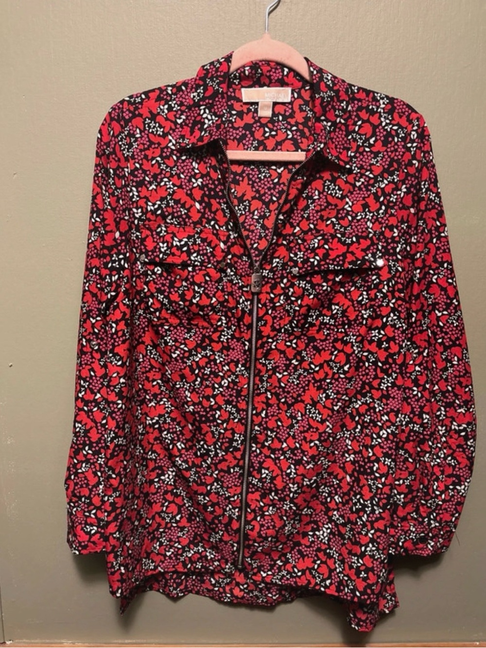 Michael Kors Red Black Floral Zip-Front Blouse